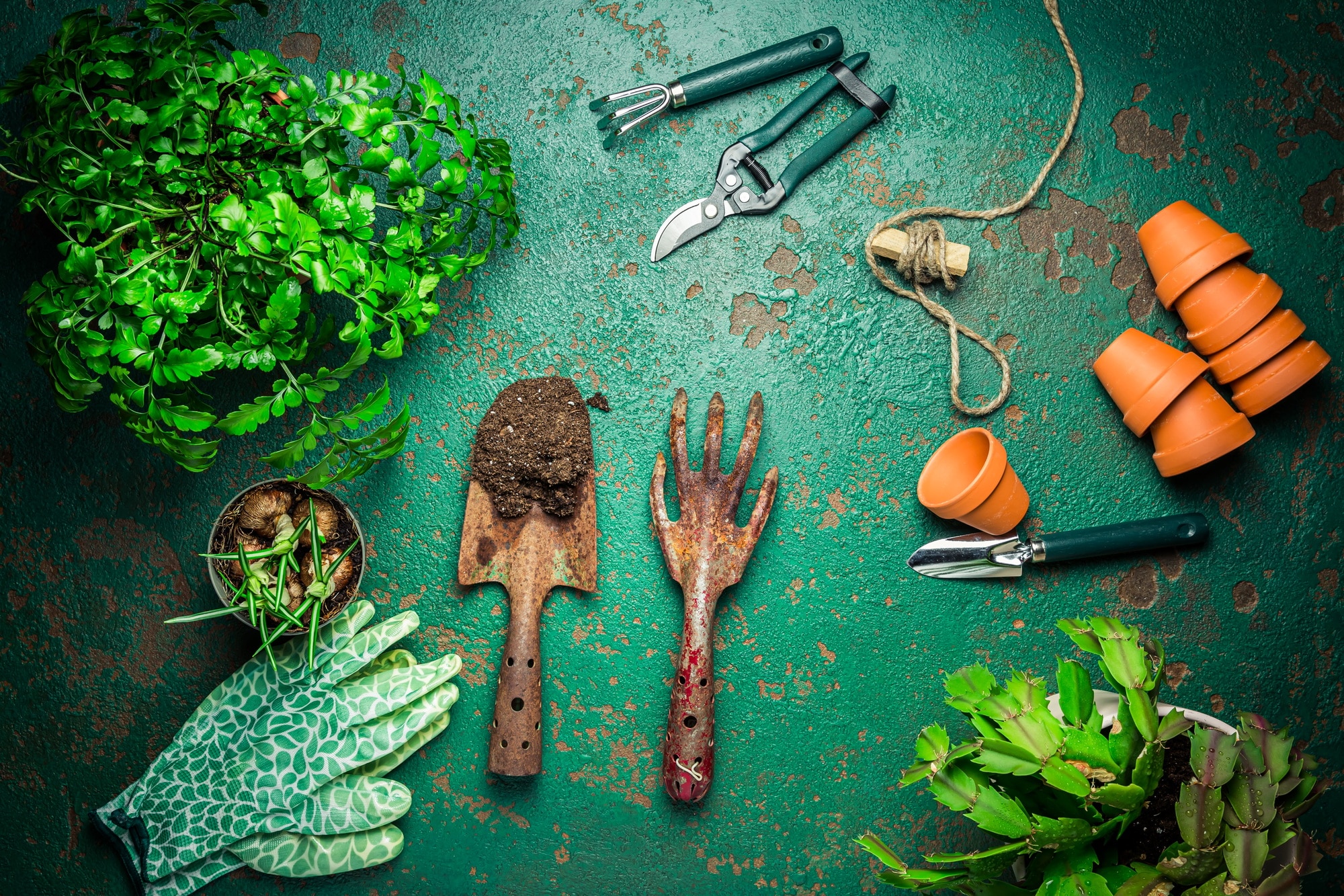 Spring gardening concept - gardening tools with plants, flowerpots and soil