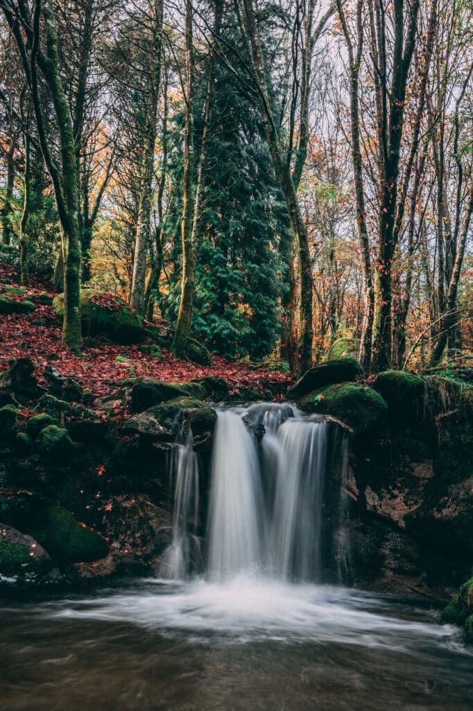 Vertical long exposure shot of a waterfall in the forest.
