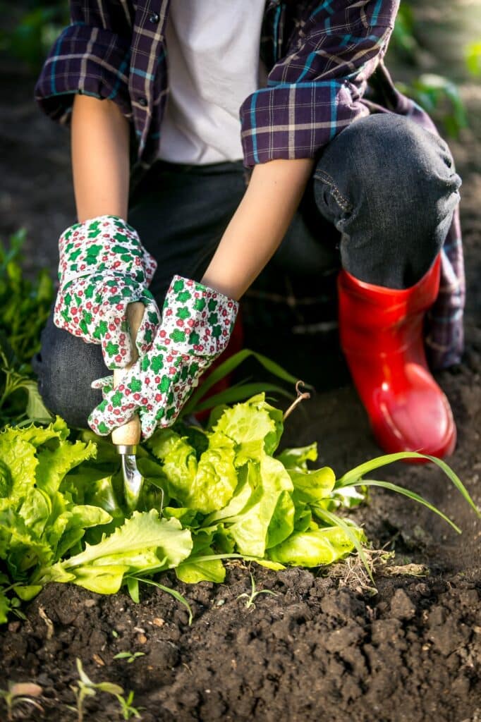 woman in gloves working in garden with metal spade